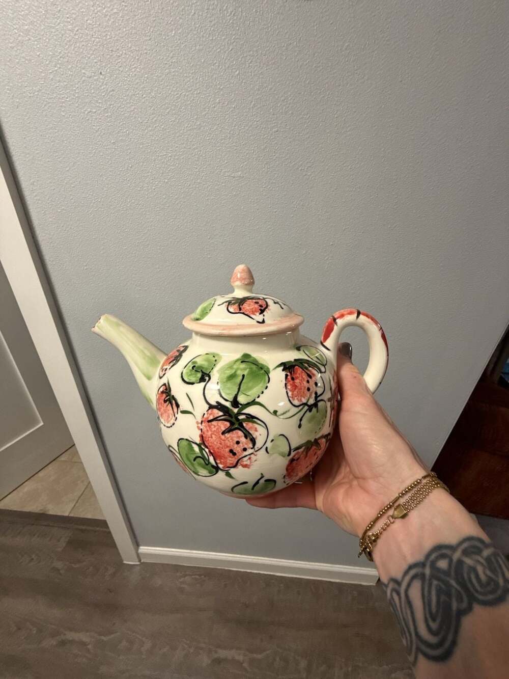 Vintage Hand Painted Ceramic Strawberry Teapot with Lid Signed Ruth Doumit